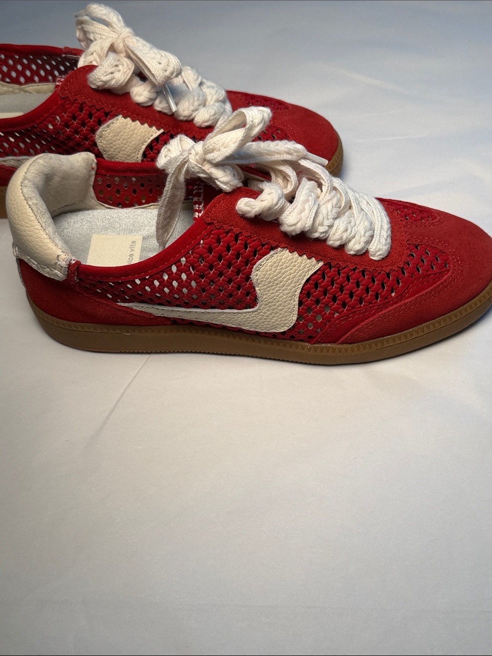 Dolce Vita Merit Perforated Red Suede Sneaker with Cream Accents - Picture 5 of 10